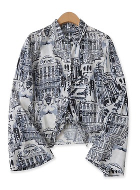 印花衬衫秋季新款外贸女装复古单排前扣蝴蝶结绑带长袖衬衣15963