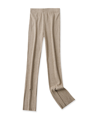 针织长裤春季新款外贸女装百搭松紧高腰弹力修身开叉微喇裤16217