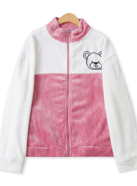 卡通刺绣绒衫冬季新款外贸女装立领宽松长袖拉链拼色家居服19336