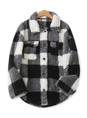 格子毛毛外套秋冬新款外贸女装休闲百搭单排扣宽松长袖绒衫15623