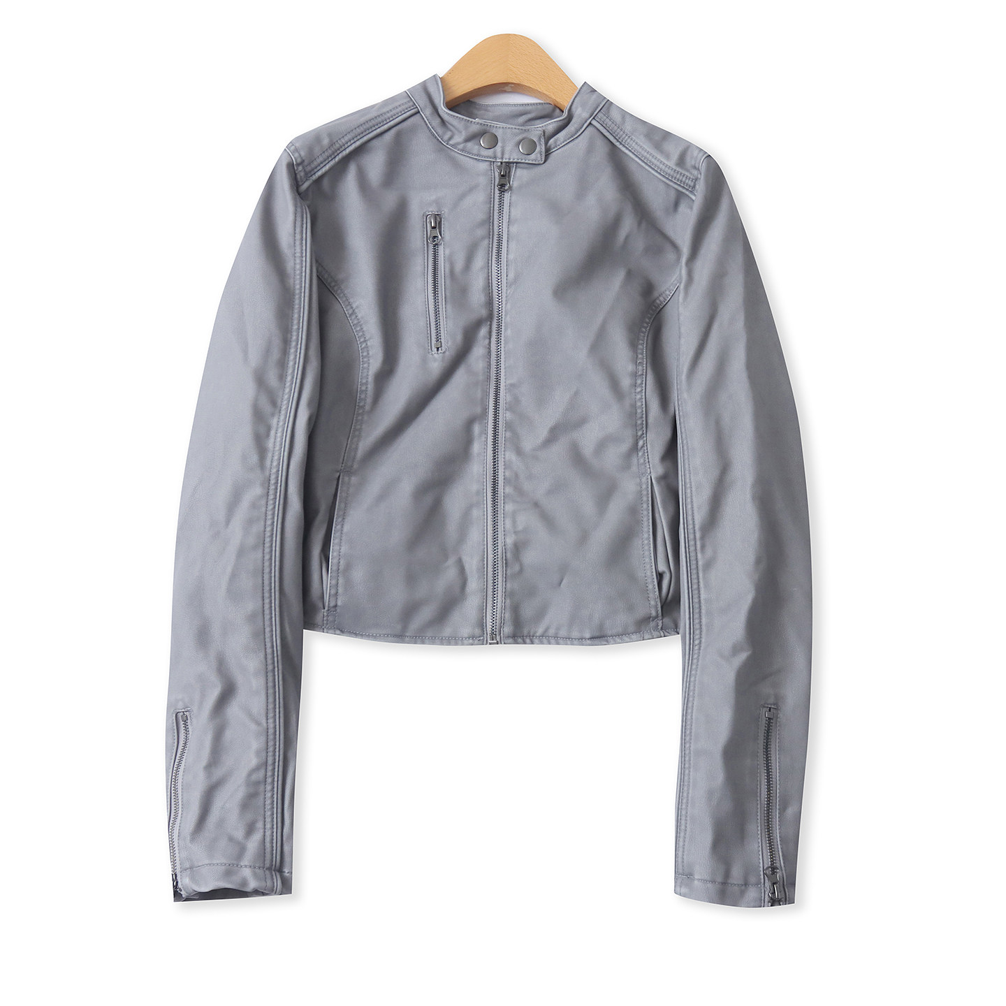 美式PU皮夹克春新款外贸女装时尚修身短款拼接长袖拉链外套19320