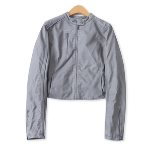 时尚 外贸女装 修身 短款 拉链外套19320 美式 拼接长袖 PU皮夹克春新款