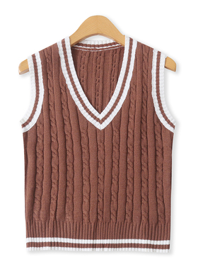 学院风针织马甲秋季新款外贸女装修身百搭套头撞色麻花背心18753