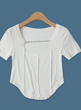 反拼接T恤夏新款外贸女装时尚百搭纯色修身弹力短袖套头上衣16435