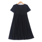 外贸女百搭休闲V领高腰褶皱显瘦短袖 大码 连衣裙夏新款 中长裙12311