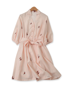 粉连衣裙夏季新款外贸女装甜美高腰线系带显瘦泡泡袖印花裙15219