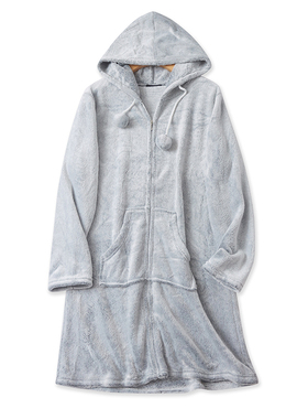 珊瑚绒家居服冬新款外贸女装休闲大版宽松长袖连帽拉链睡裙17308