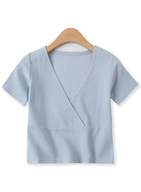 露脐棉T恤夏季新款外贸女装百搭时尚深V领弹力显瘦短袖上衣14424