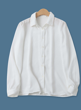 白衬衫春夏新款外贸女装时尚百搭单排扣宽松娃娃领长袖衬衣16313