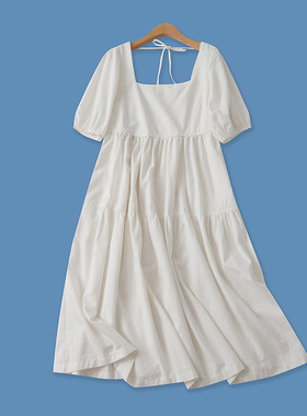 露背棉麻裙夏新款外贸女时尚方领系带高腰短袖中长款连衣裙15650