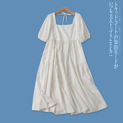 时尚百搭方领系带露背棉麻裙