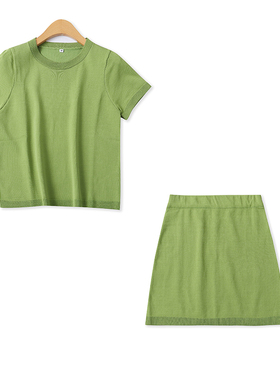 针织套装夏季新款外贸女装百搭圆领短袖上衣+松紧腰半身短裙18118