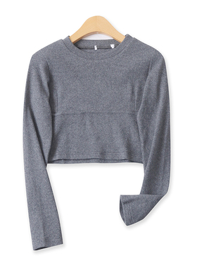 罗纹拼接T恤春秋季新款外贸女装百搭短款修身圆领长袖打底衫16728