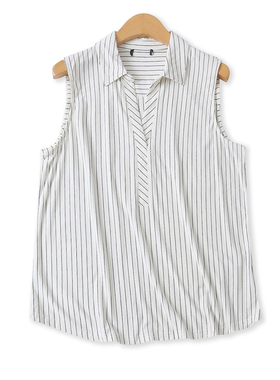 无袖条纹上衣夏季新款外贸女装百搭休闲V字翻领修身套头T恤18673