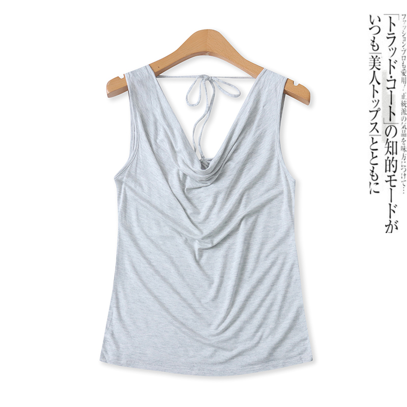 露背无袖上衣春夏新款外贸女装百搭时尚堆堆领修身后绑带T恤17525