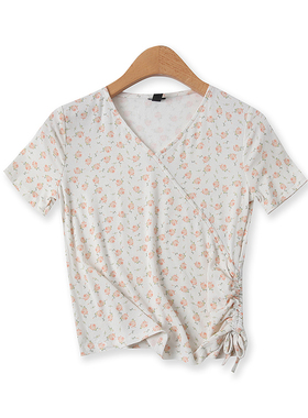 印花T恤夏季新款外贸女装减龄百搭V领修身抽褶系带短袖上衣14694