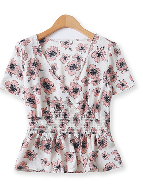 雪纺衫夏新款外贸女甜美深V领褶皱荷叶边显瘦短袖印花娃娃衫10786