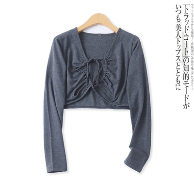 镂空开衫装春新款外贸女装百搭美式短款系带修身长袖棉上衣17682