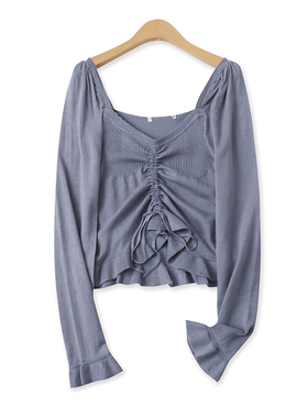 泡泡袖针织衫春季新款外贸女装时尚方领修身系带花边打底衫16410