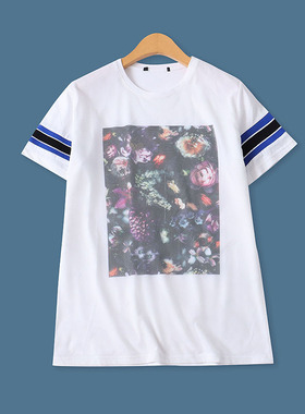 网纱印花T恤夏季新款外贸女装百搭时尚圆领宽松螺纹短袖上衣18172