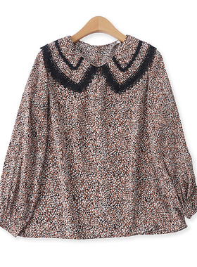 印花衬衫秋新款外贸女装时尚百搭翻领花边拼接套头长袖上衣11946