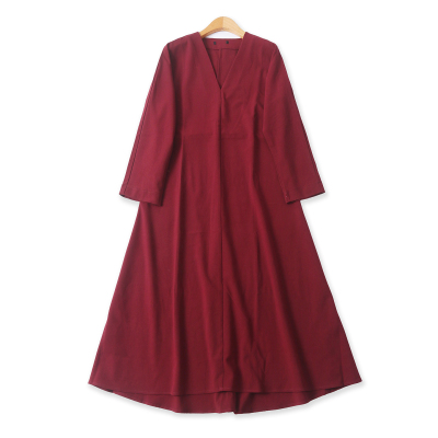 高腰连衣裙秋季新款外贸女装复古百搭长袖深V领显瘦套头长裙19001