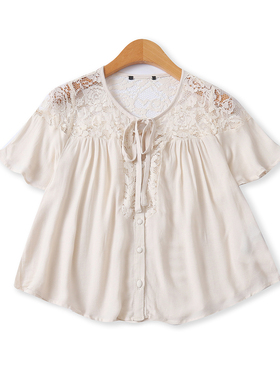 蕾丝拼接短款人棉小衫夏新款外贸女装圆领前扣显瘦短袖上衣18965