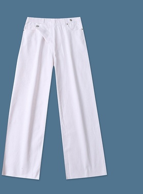 牛仔阔腿裤秋新款外贸女装百搭不规则门襟高腰宽松毛边长裤18332