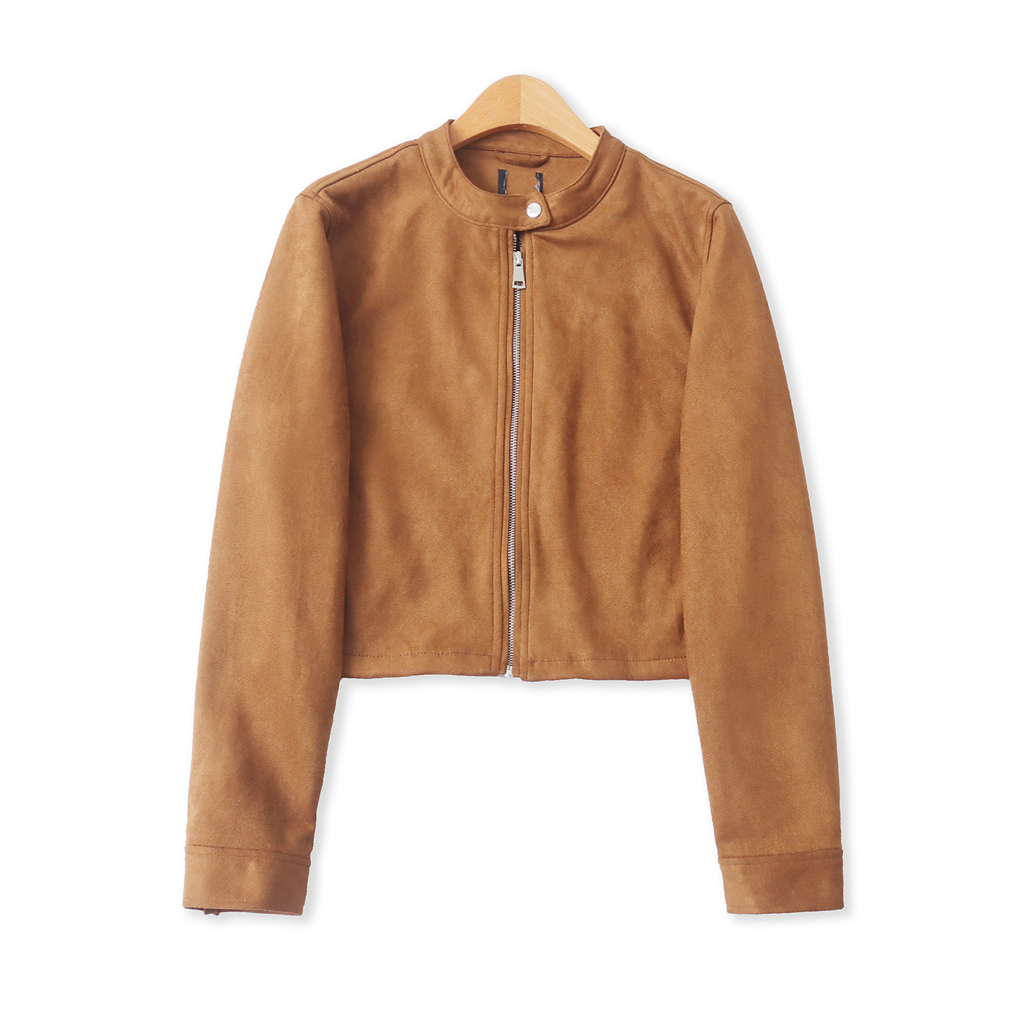 麂皮短外套春季新款外贸女装百搭休闲长袖圆领显瘦拉链夹克19268