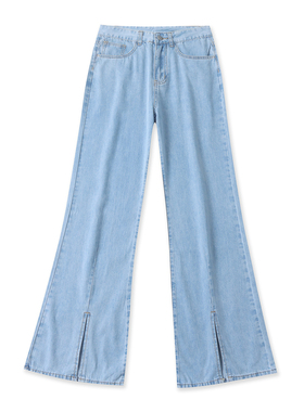 前开叉牛仔裤春季新款外贸女装时尚百搭高腰线水洗磨白长裤19429