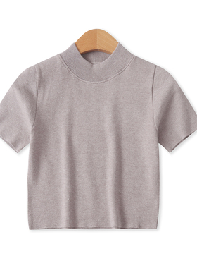 高弹力针织T恤秋季新款外贸女装百搭短款修身半高领短袖上衣19086