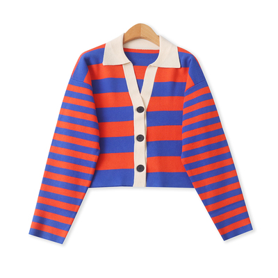 撞色针织开衫春新款外贸女装百搭翻领单排扣修身长袖短外套19479