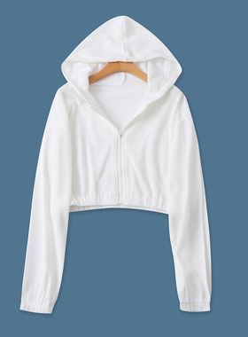 华夫格短卫衣春新款外贸女装休闲宽松连帽收口长袖拉链外套19239