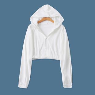 华夫格短卫衣春新款外贸女装休闲宽松连帽收口长袖拉链外套19239