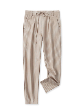 条纹休闲裤春秋新款外贸女装通勤百搭OL风高腰系带显瘦长裤14946