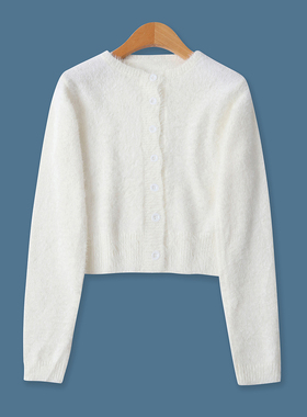 仿水貂毛短开衫秋新款外贸女百搭糖果色单排扣修身长袖毛衣18859