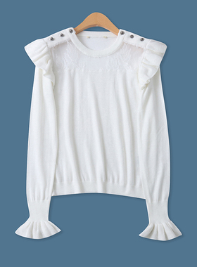 蕾丝拼接针织衫春秋季新款外贸女装时尚修身荷叶边长袖打底18026