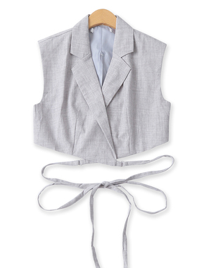 时尚绑带坎肩背心秋季新款外贸女装百搭短款西装领修身马甲18671