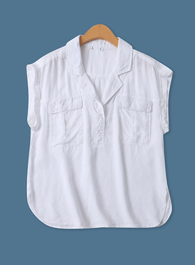 天丝衬衫夏新款外贸女装百搭休闲宽松显瘦翻边无袖套头上衣18318