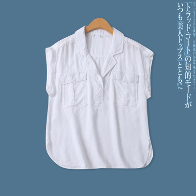 天丝衬衫夏新款外贸女装百搭休闲宽松显瘦翻边无袖套头上衣18318