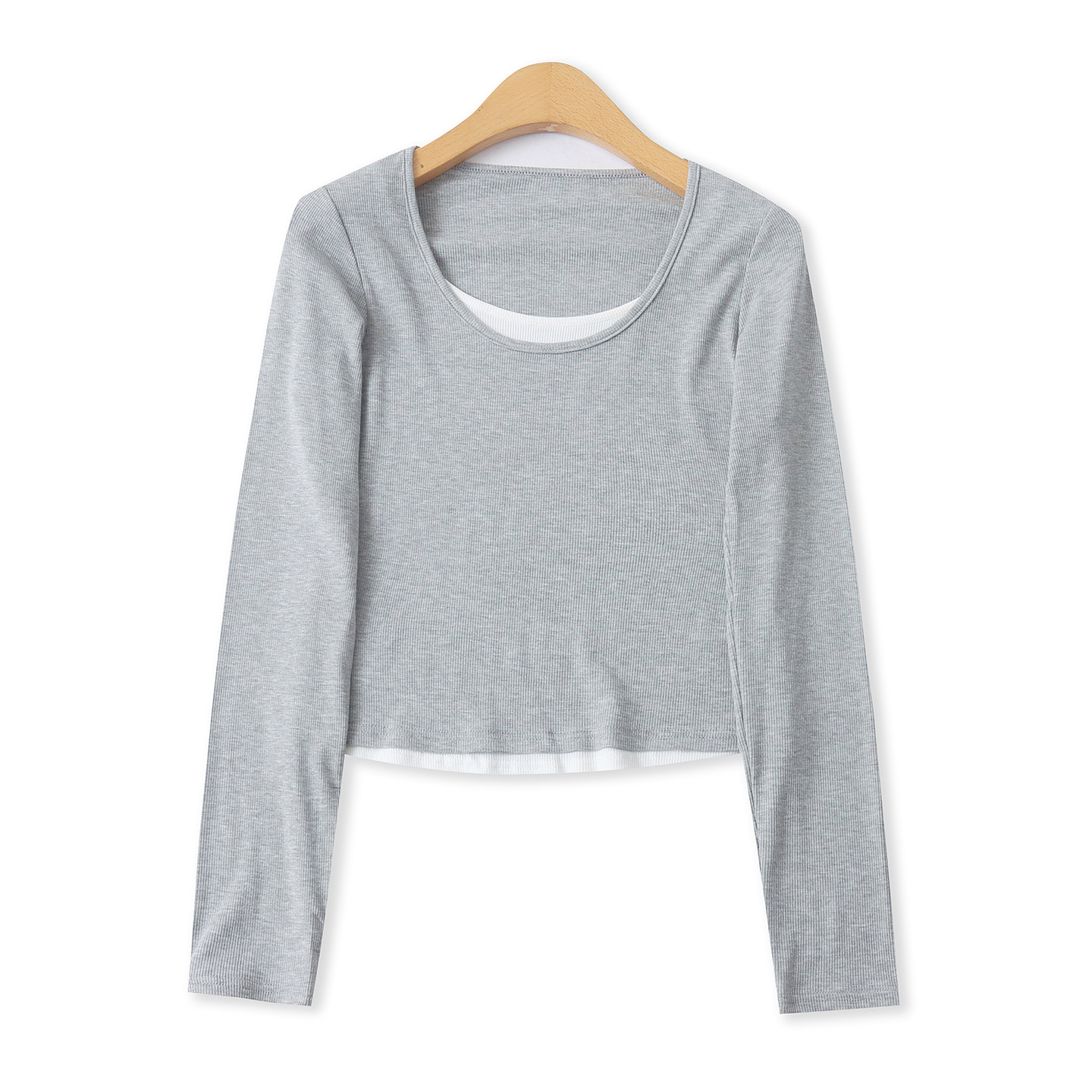 假两件T恤春季新款外贸女装百搭时尚短款修身长袖套头打底衫19553