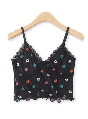 印花小吊带夏季新款外贸女装复古百搭蕾丝花边露脐显瘦背心14979