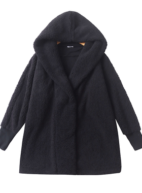 羊羔绒摇粒绒一体外套秋冬新款外贸女装两粒扣连帽长袖上衣17331