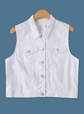 工装马甲夏秋新款外贸女装时尚短款修身单排扣棉麻无袖上衣17050