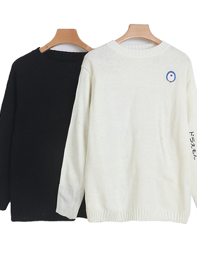 刺绣毛衣冬新款外贸女装时尚百搭减龄圆领显瘦长袖套头针织衫9991