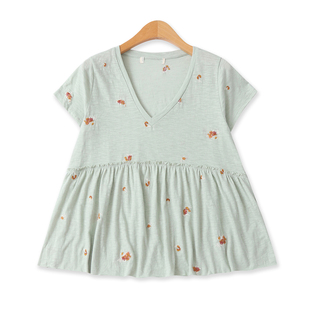 新款 娃娃衫 外贸女装 短袖 18574 百搭宽松V领大码 竹节棉刺绣T恤夏季