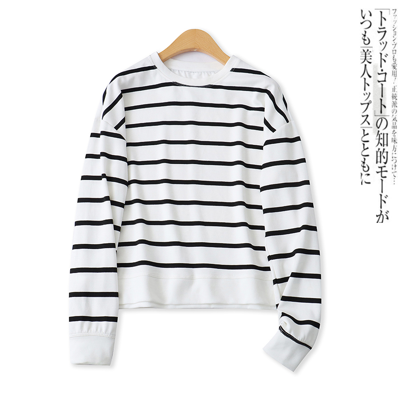 条纹卫衣春秋季新款外贸女装休闲百搭圆领宽松开叉长袖上衣18079