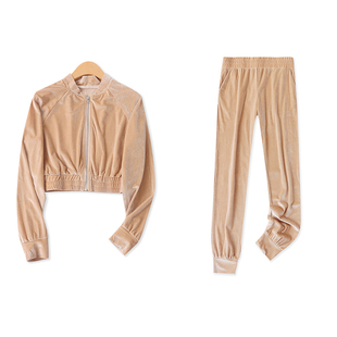 金丝绒套装秋季新款外贸女装休闲短款长袖卫衣+松紧高腰长裤16994