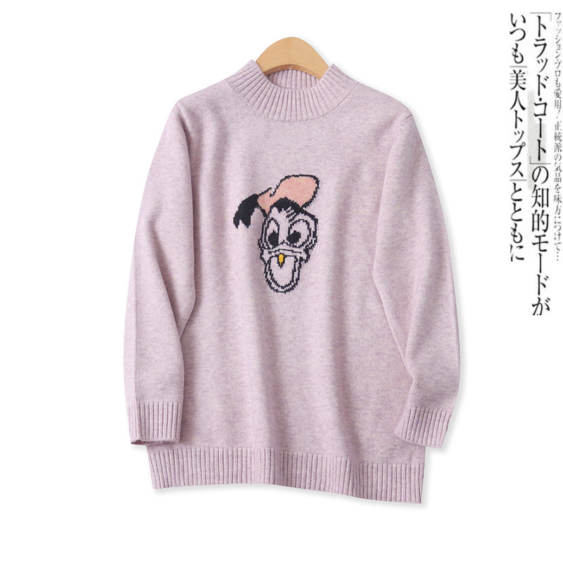 卡通毛衣秋季新款外贸女装百搭时尚圆领宽松长袖提花针织衫17862