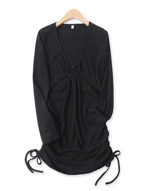 针织包臀裙春季新款外贸女装性感镂空修身褶皱V领套头中长裙14702